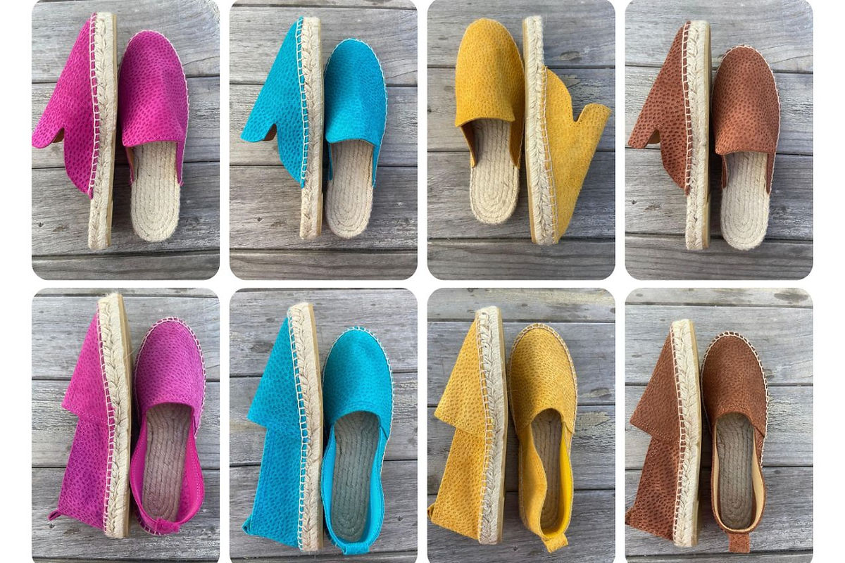 Alpargatas de piel con suela de yute | Leathersophy Alpargatas de piel con suela de yute en fucsia, turquesa, maíz y marrón de Leathersophy