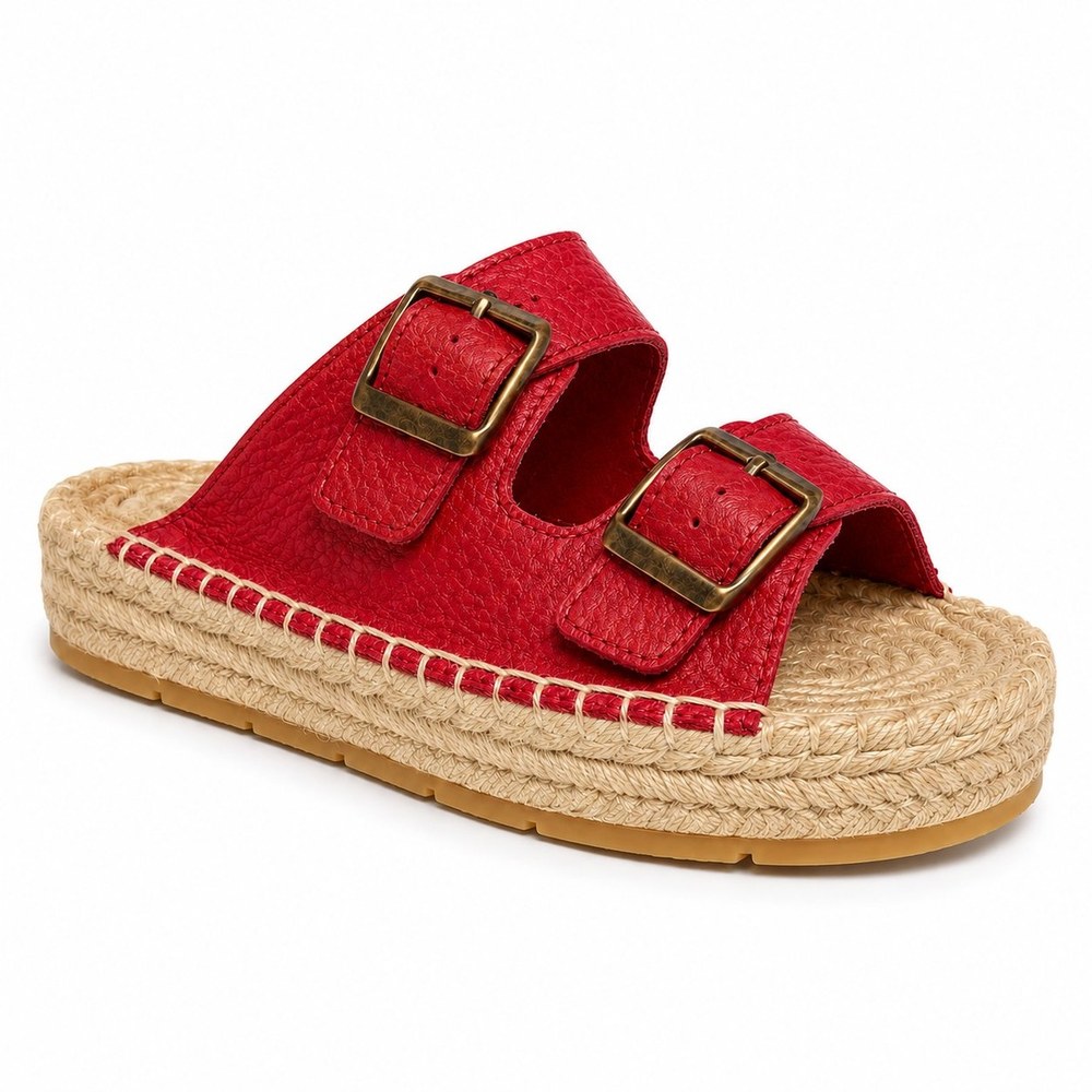 ARENAS — Rojo (piel granulada) | Leathersophy Sandalia alpargata de piel con doble hebilla — modelo ARENAS en color Rojo (piel granulada) de Leathersophy