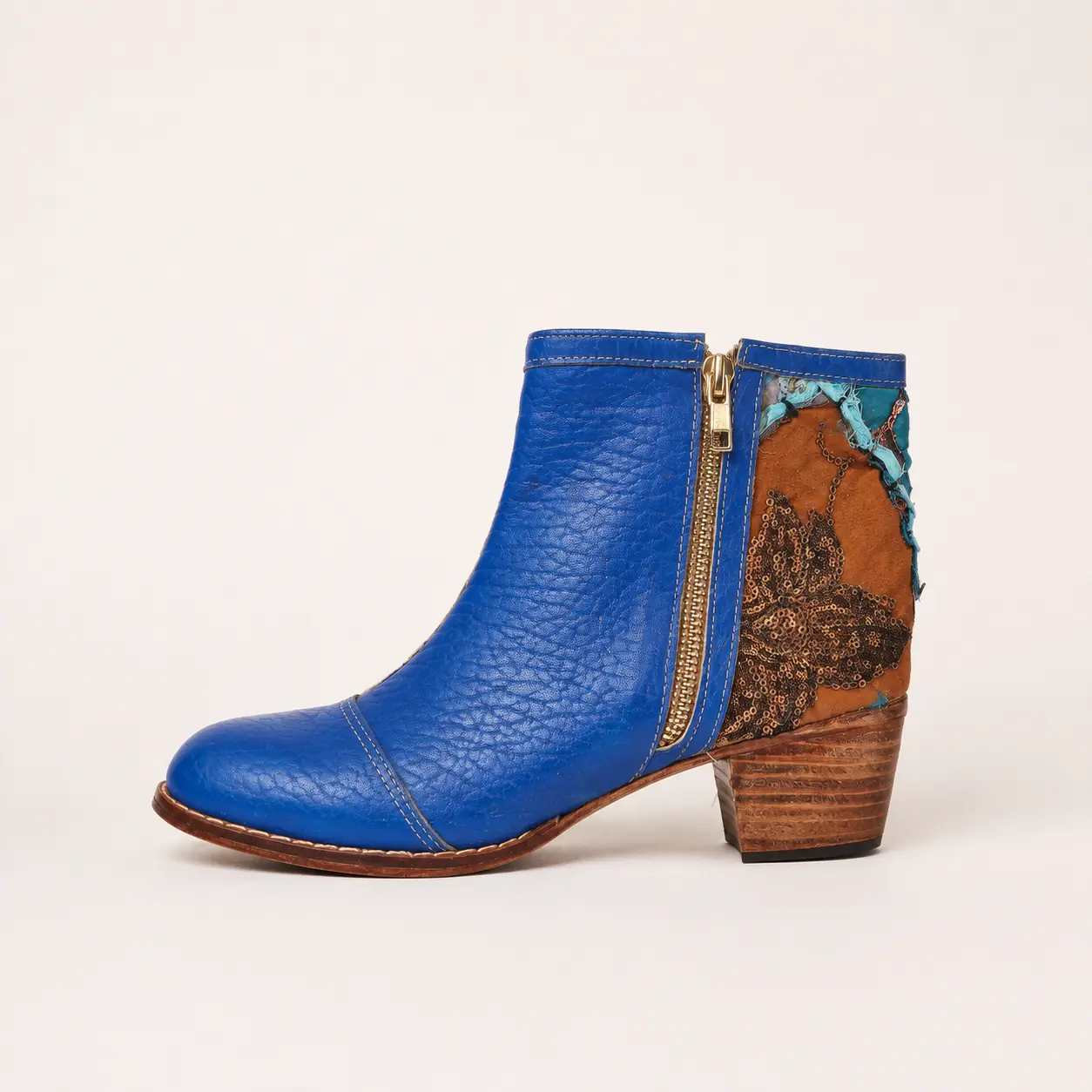 Bota con cierre de piel hecha a mano, azul con tapiz, Leathersophy outlet