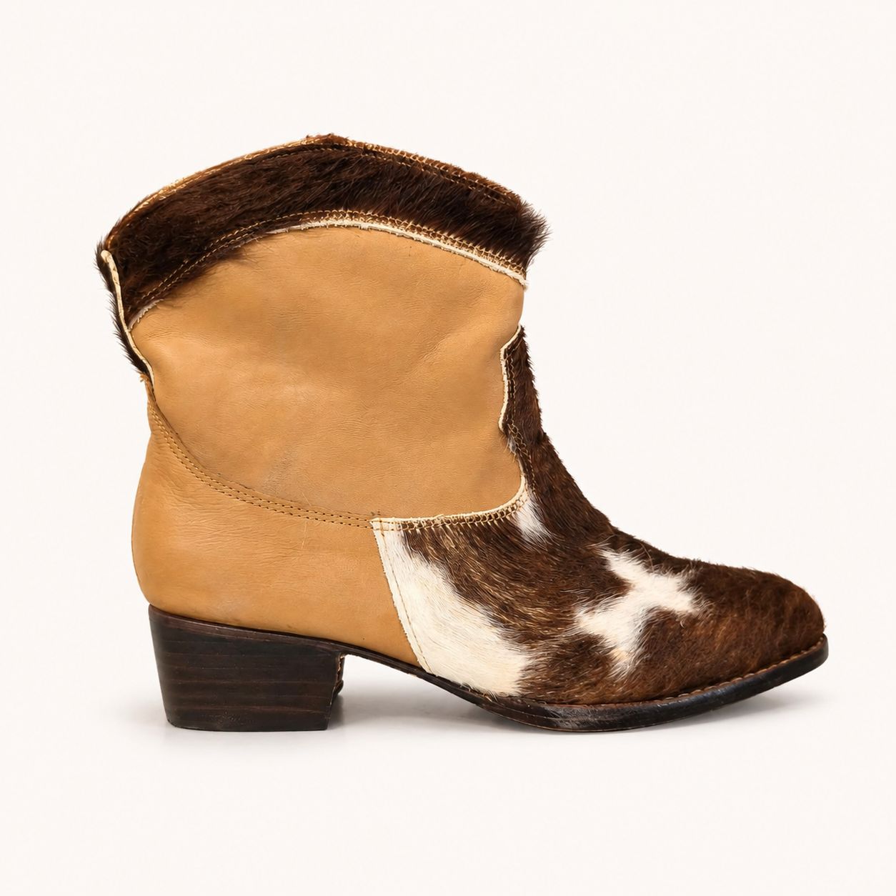 Bota texana de piel hecha a mano, pelo marrón y cuero beige, Leathersophy outlet