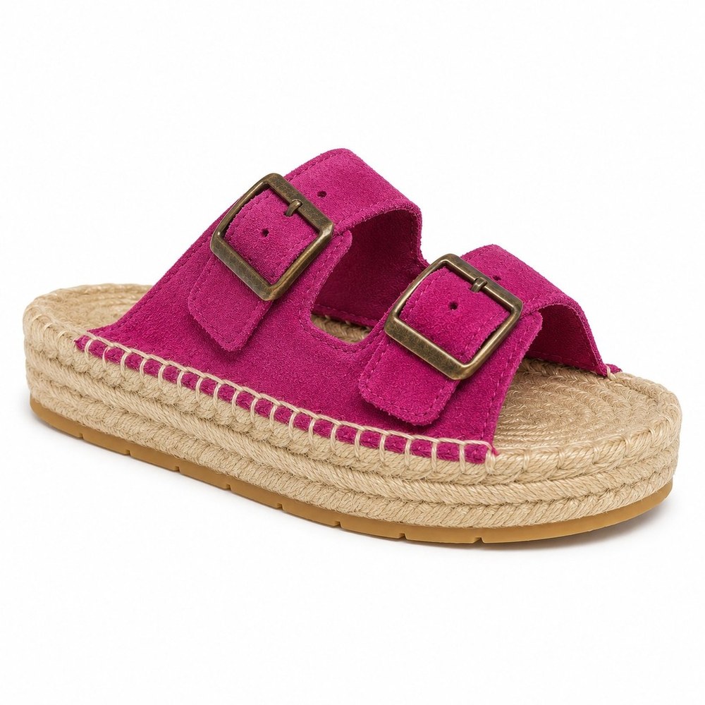 ARENAS — Fucsia | Leathersophy Sandalia alpargata de piel con doble hebilla — modelo ARENAS en color Fucsia de Leathersophy